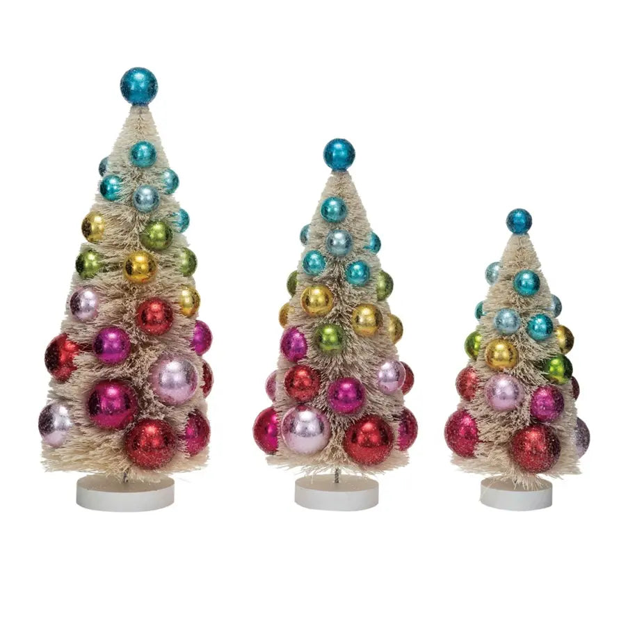Sisal bottle brush tree with ornaments on a wood base