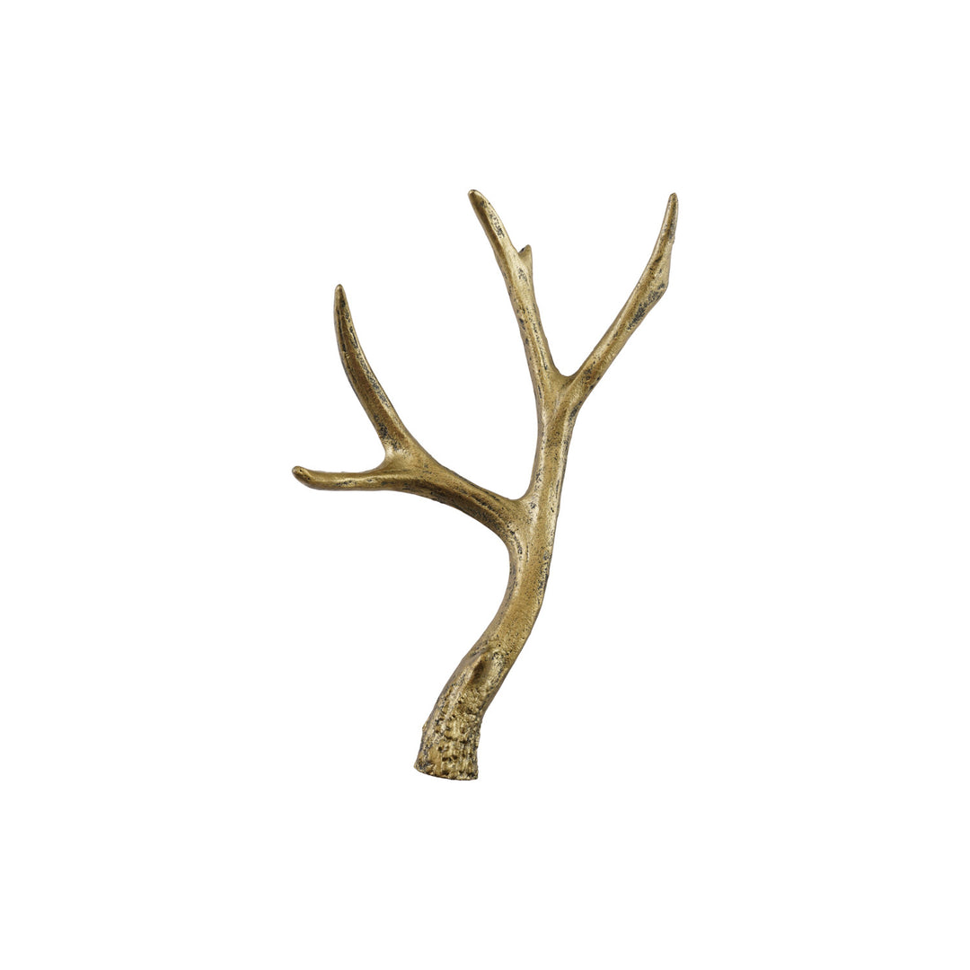 Cast iron antler wall hook with a distressed gold finish against a white background.