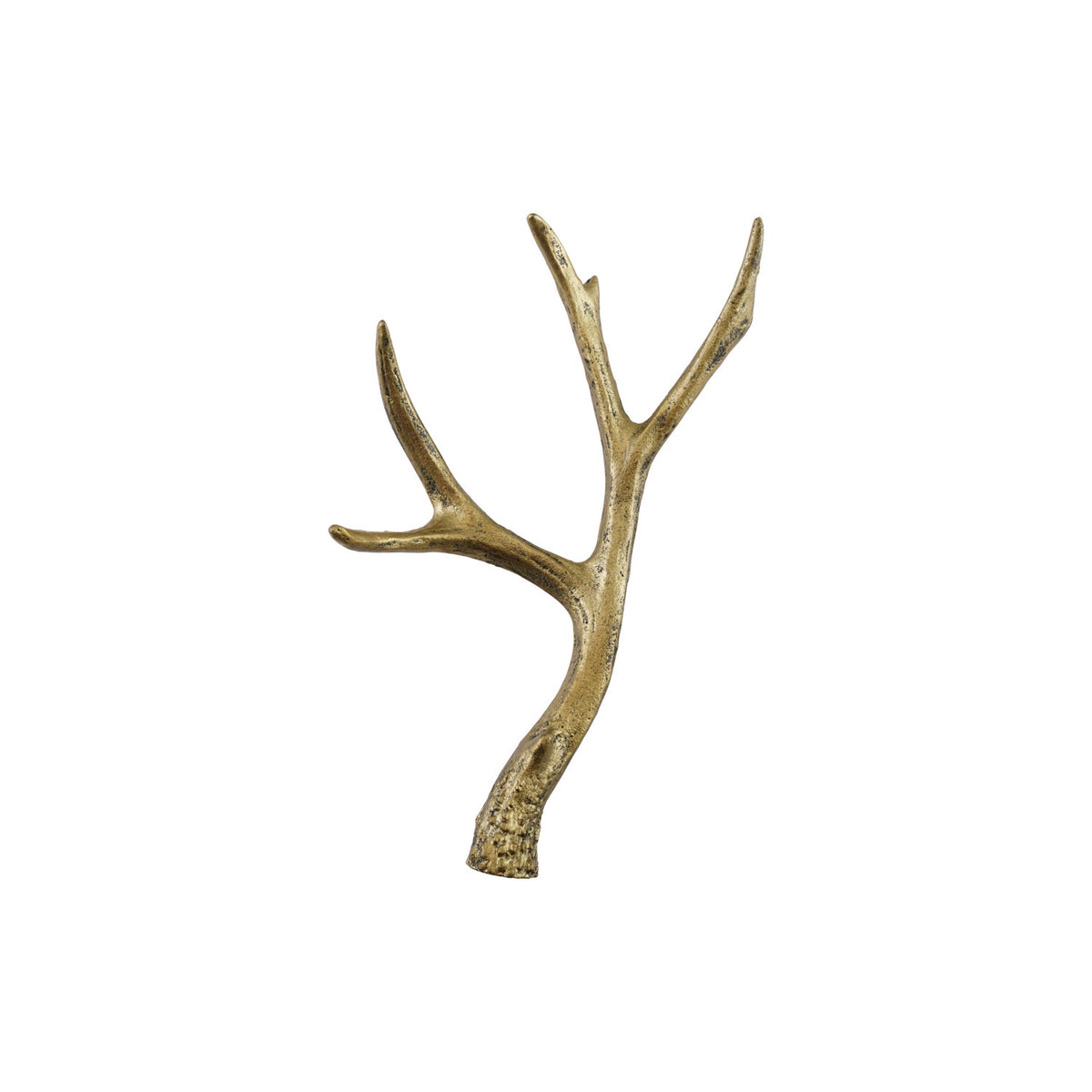Cast iron antler wall hook with a distressed gold finish against a white background.