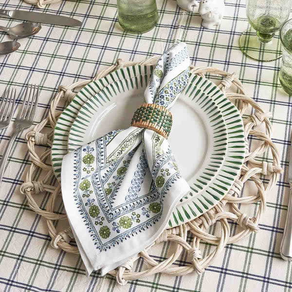 Delft blue striped ceramic dinner plate with whitewash glaze