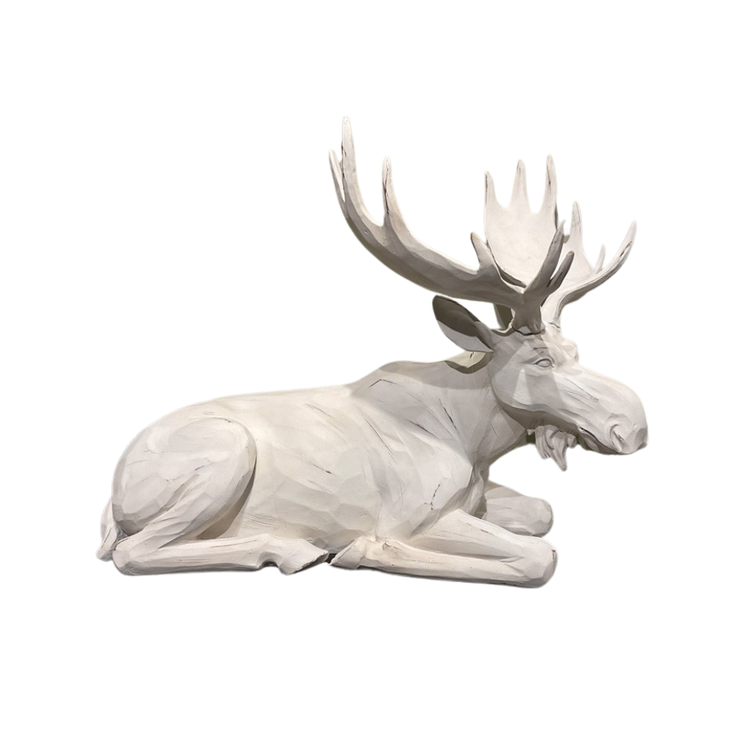 White ceramic sitting moose figurine with rustic lodge decor style
