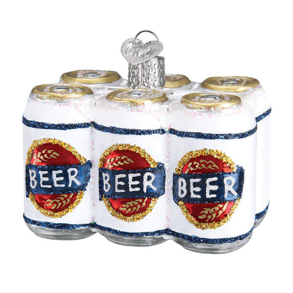 Red six-pack beer ornament with white foam head detail on a silver wire hanger.