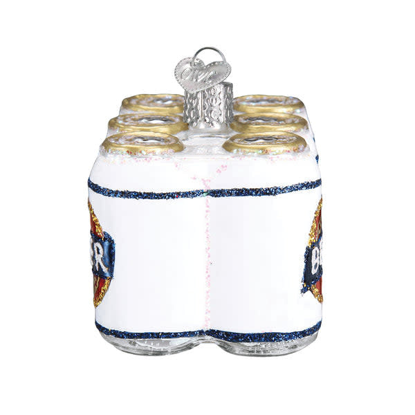 Side view of a black six-pack beer ornament with silver wire handles.