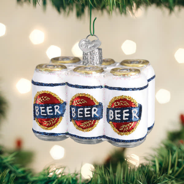 Red six-pack beer ornament with white foam top detail