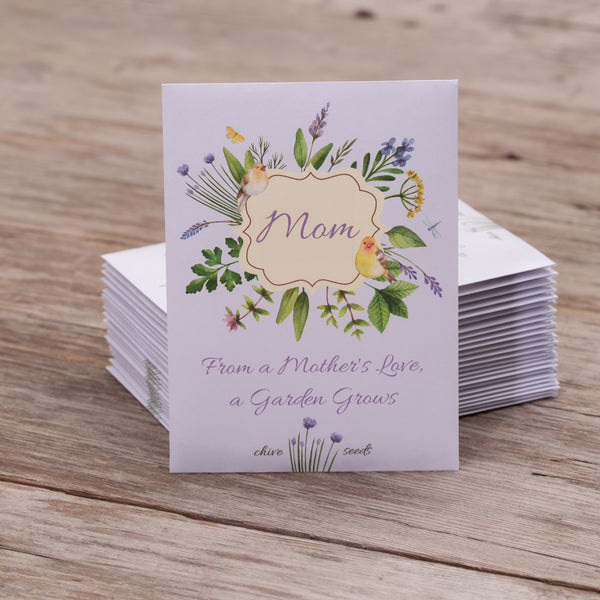 Mother's Day Seed Favor Packet featuring Fresh Crop Non-GMO retail grade seeds in a small rectangular packet.