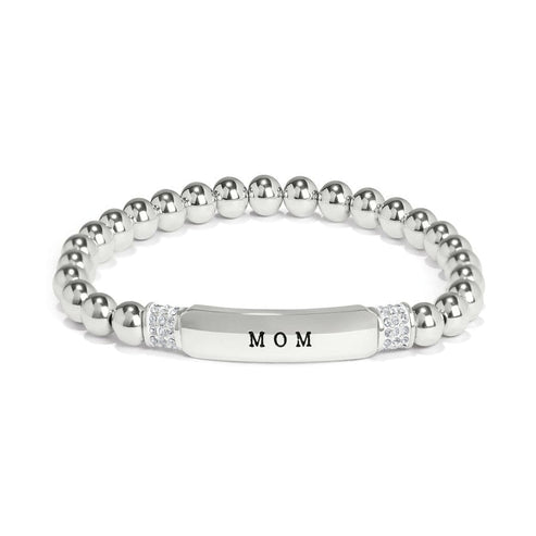 Meridian Mom Petite Stretch Bracelet featuring silver-plated beads and a MOM engraved bar.