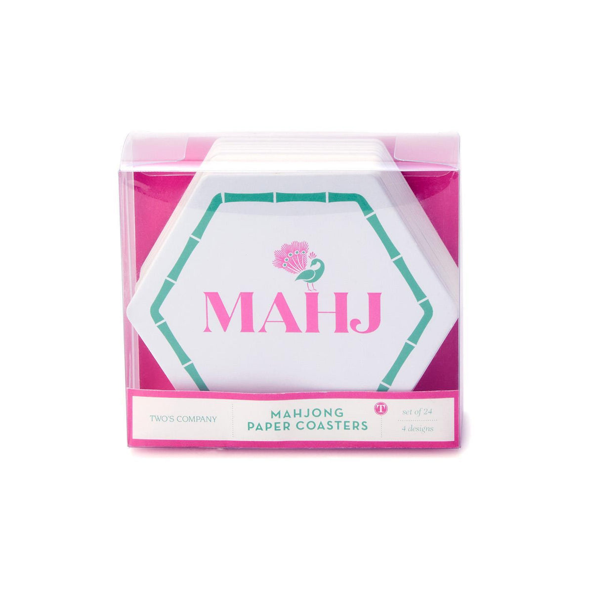 Set of 24 hexagonal Mahjong paper coasters in a clear gift box with pink and teal accents.