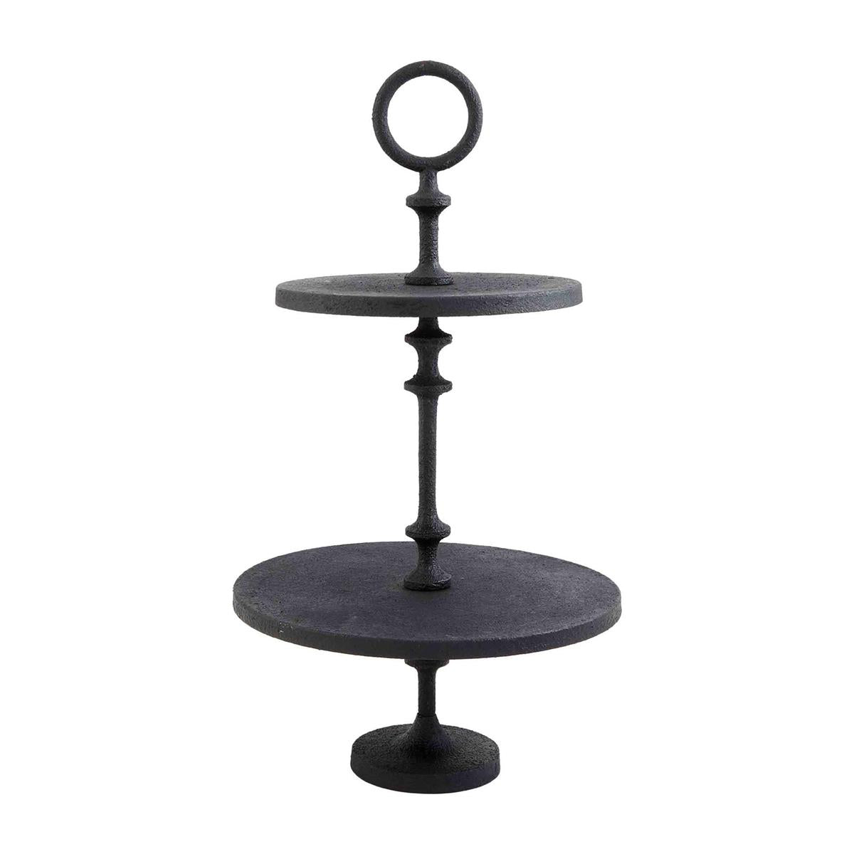 Black metal tiered server with circular base and three ascending shelves.