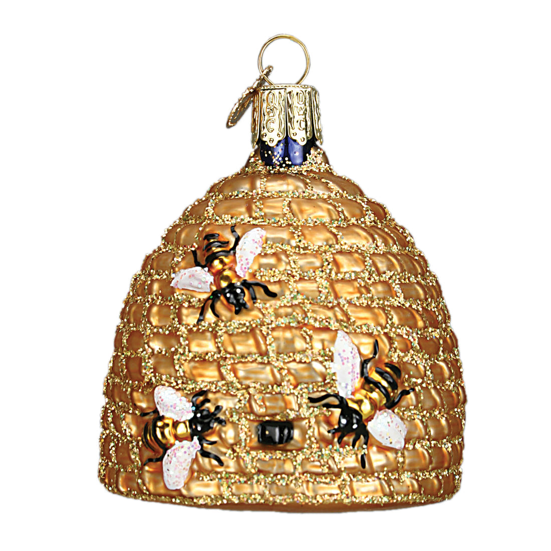 Gold glass Bee Skep ornament with three glittery bees and a gold hanging loop.