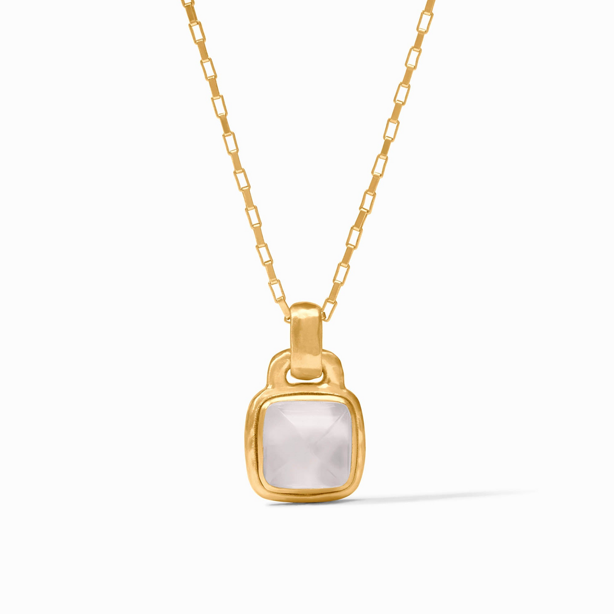 Sahara Solitaire Necklace in 24K gold plate with a square clear glass pendant on a link chain.