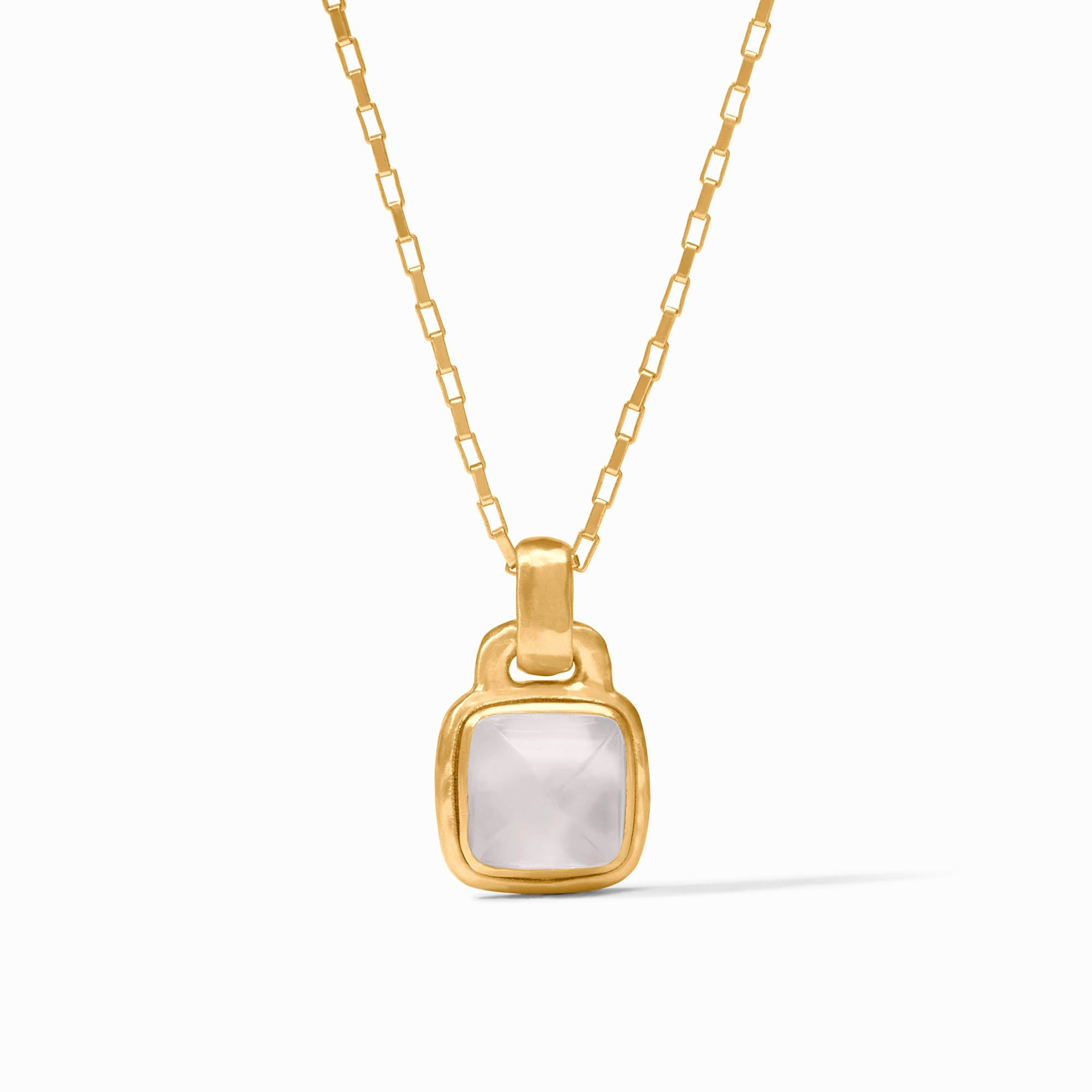 Sahara Solitaire Necklace in 24K gold plate with a square clear glass pendant on a link chain.