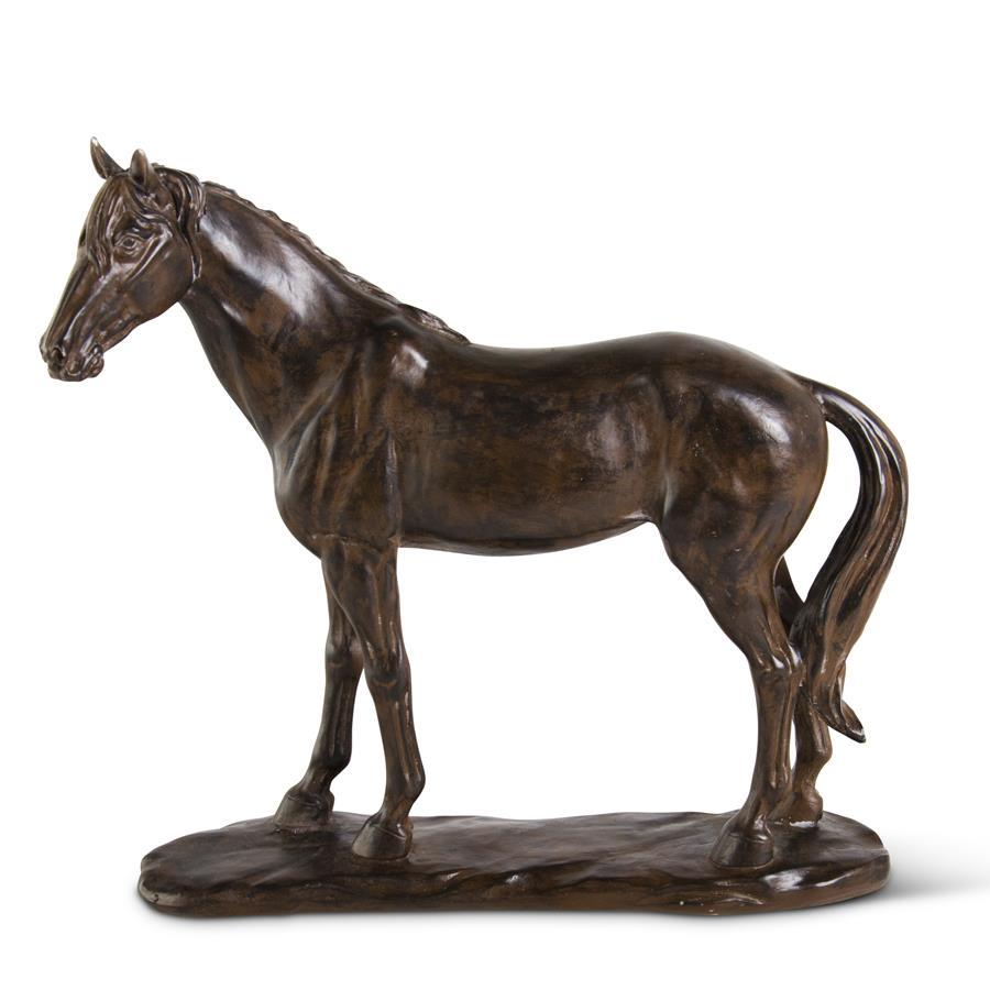 13.5 inch brown resin horse statue with a dark bronze finish on a textured base.