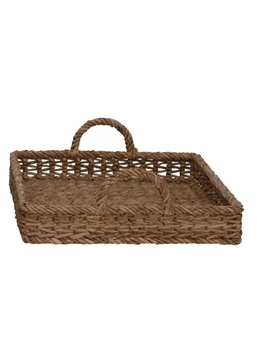 Square water hyacinth tray with rattan handles in natural tones