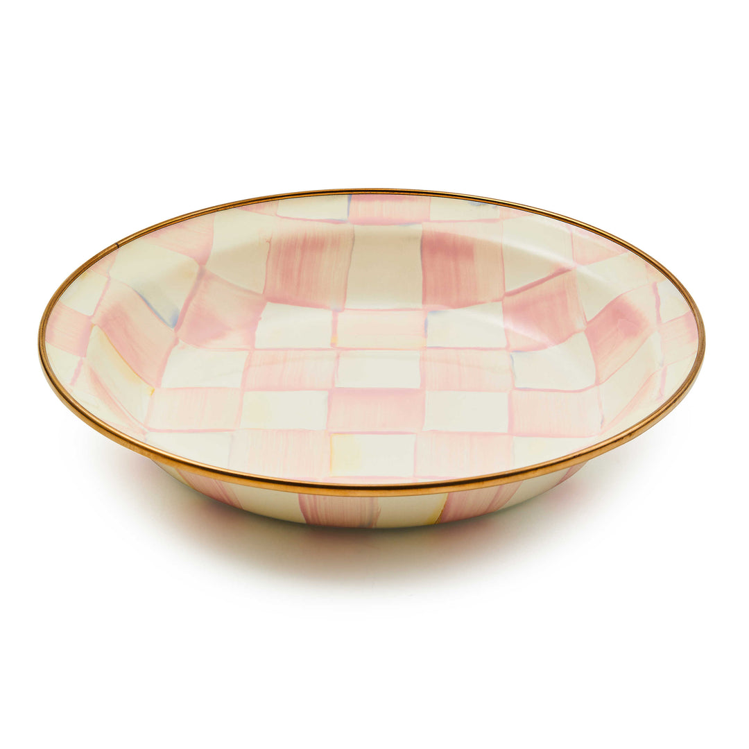 Rosy Check Pie Plate with hand-painted pink and white checks and a bronzed stainless steel rim.