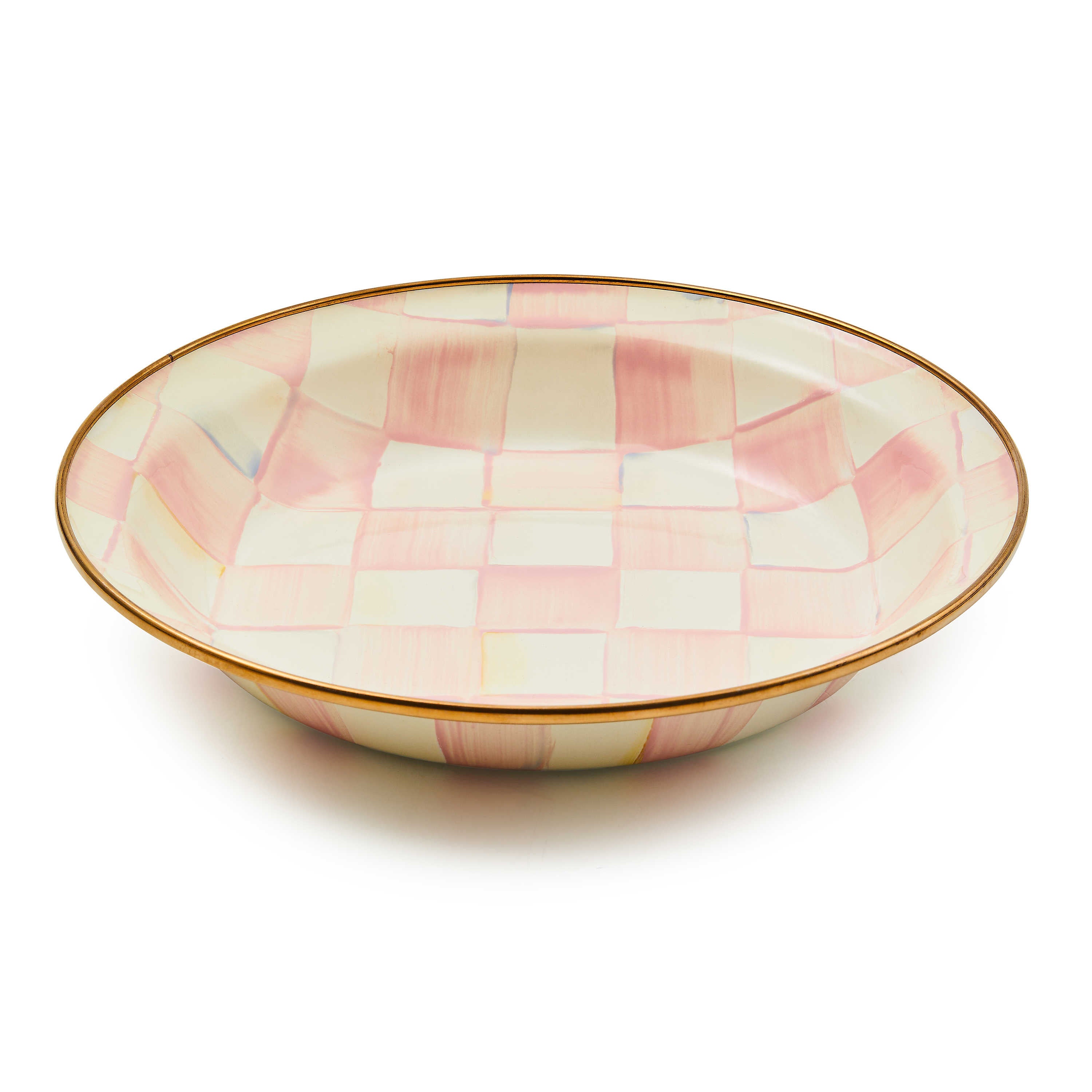 Rosy Check Pie Plate with hand-painted pink and white checks and a bronzed stainless steel rim.