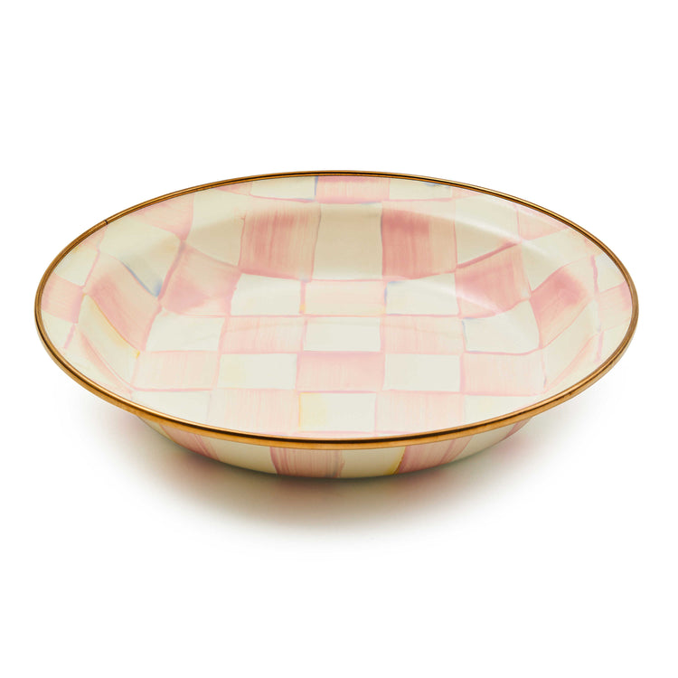 Rosy Check Pie Plate with hand-painted pink and white checks and a bronzed stainless steel rim.