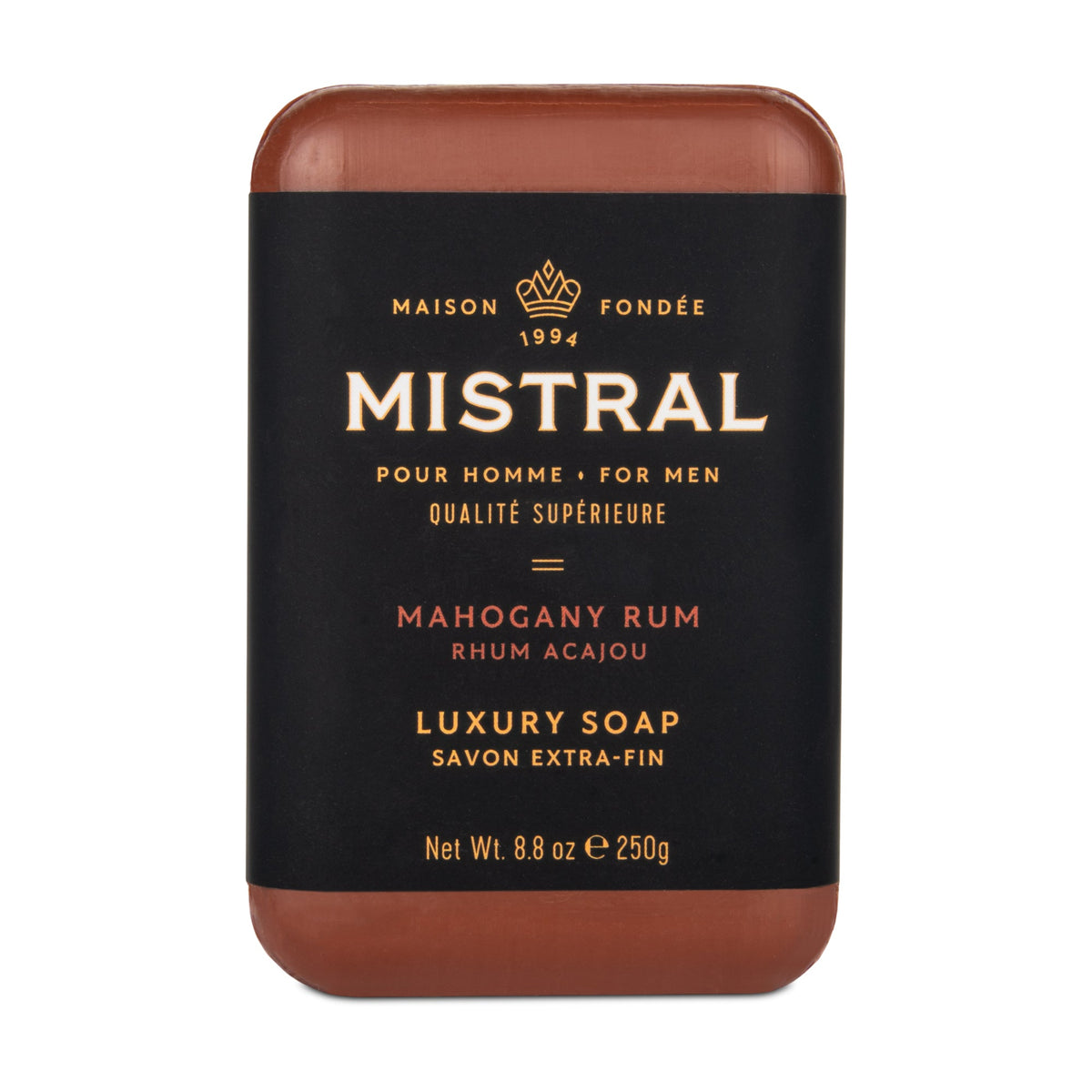 Mistral Men's Mahogany Rum bar soap, 8.8 oz, with black and gold label on a brown soap bar.