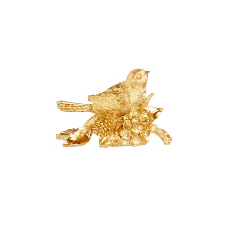 7-inch gold resin bird figurine perched on a pinecone branch with a metallic finish.