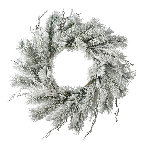 30-inch snowy pine and twig wreath with frosted branches and a circular design.