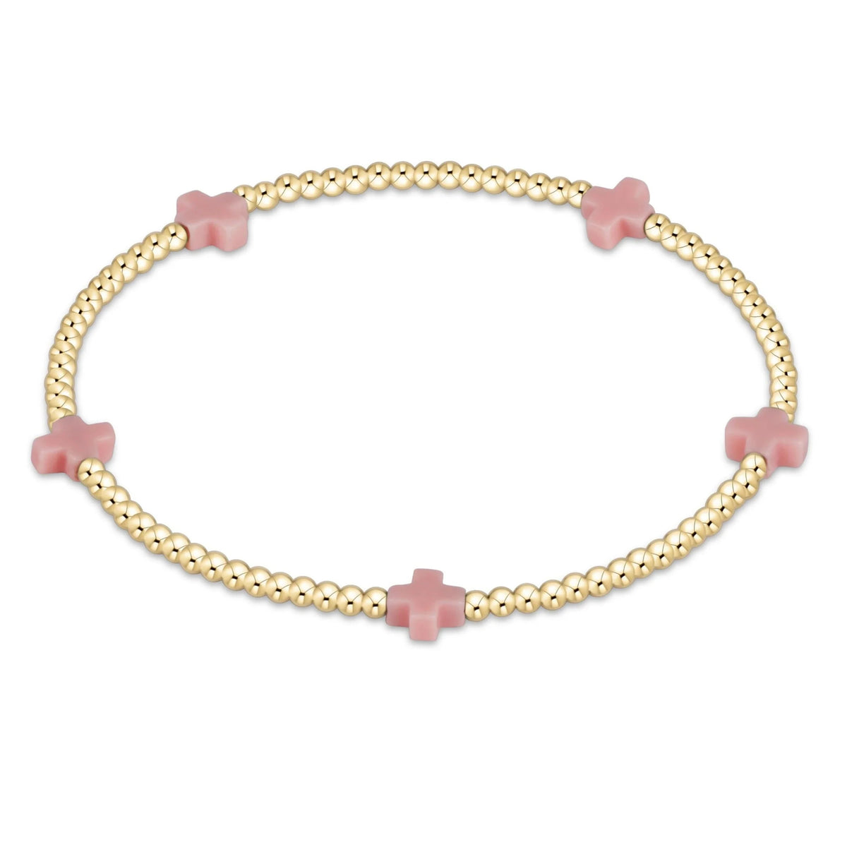 Signature Cross Small 2mm Gold Bracelet with five pink cross beads on a gold-filled beaded band.