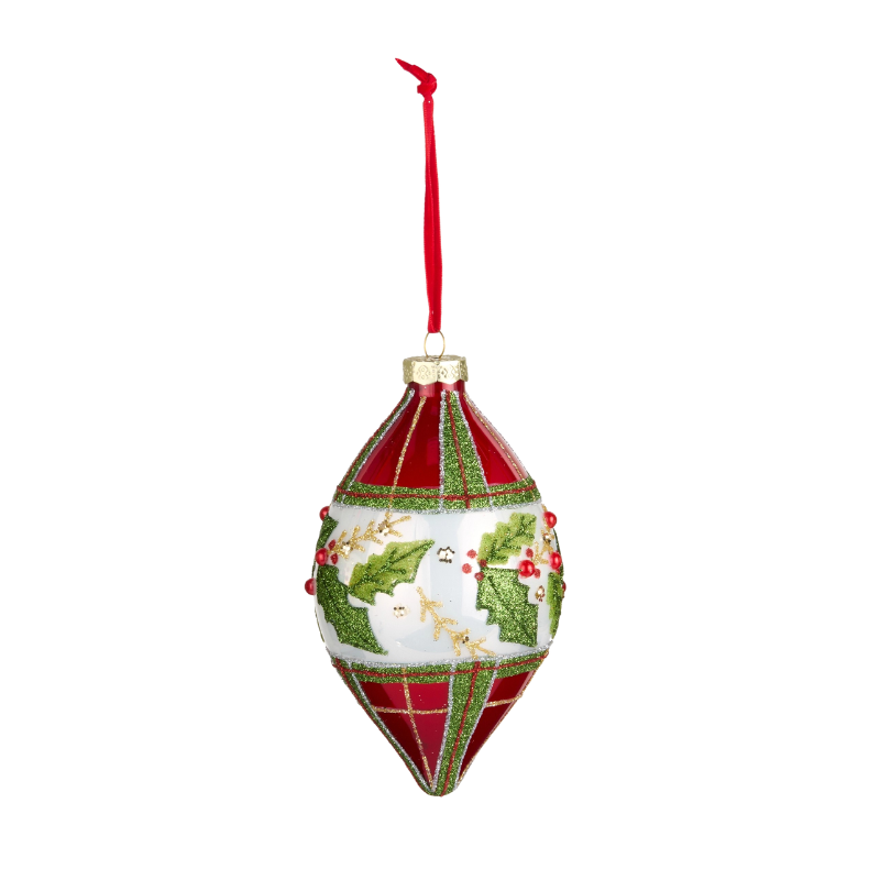 4-inch teardrop glass ornament with red plaid patterns and green holly leaf designs.