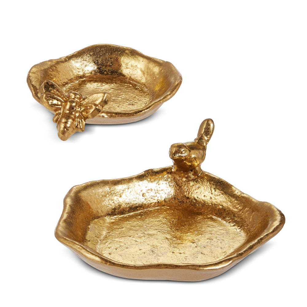 Gold iron trinket tray featuring a bee and bird silhouette with decorative patterns.