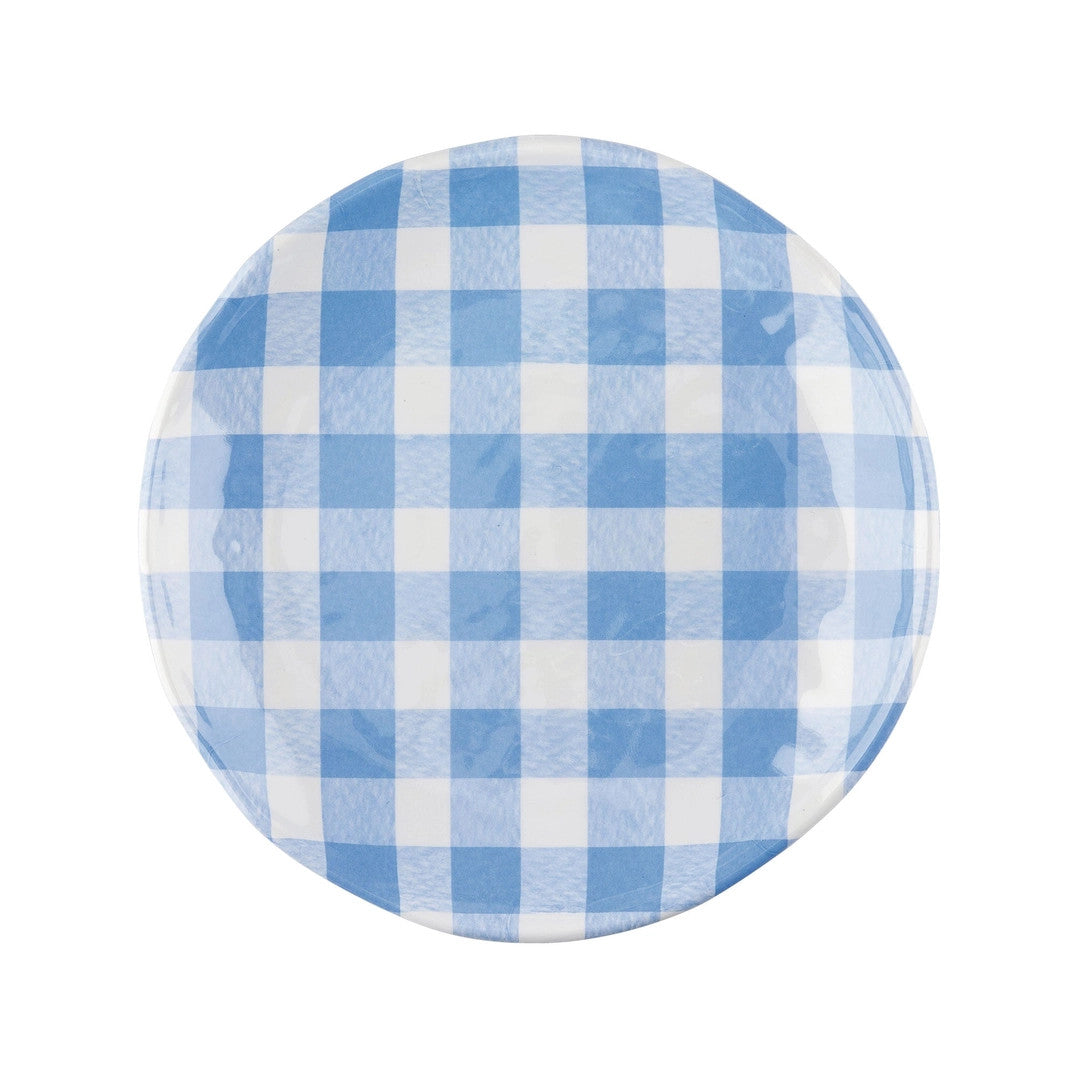 White melamine dinner plate with blue gingham checkered pattern