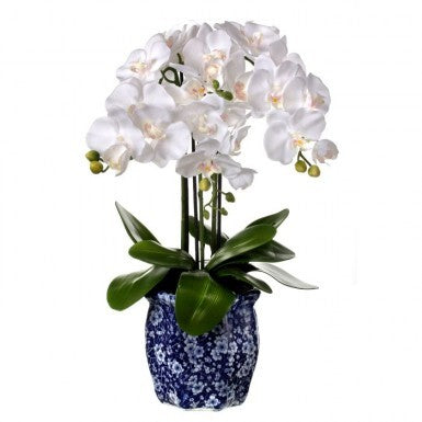 Artificial Phalaenopsis orchid in a white Ming-style pot with realistic petals.