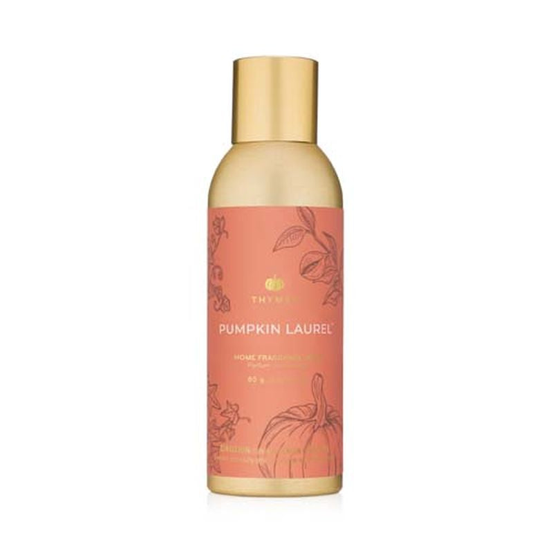 Pumpkin Laurel Home Fragrance Mist in a gold bottle with a peach and gold label.