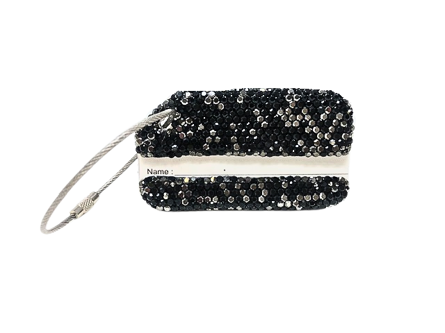Rhinestone luggage tag with a steel wire loop and name card slot.