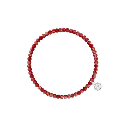 Stretchy beaded bracelet with faceted glass beads in colorful tones.
