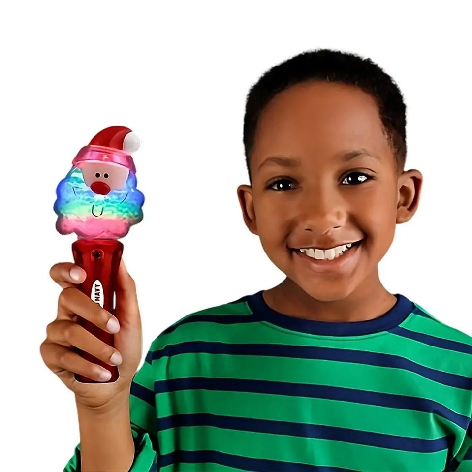 A child holding a Santa Claus Snowball Spinning Lights Wand with glowing colorful LEDs.