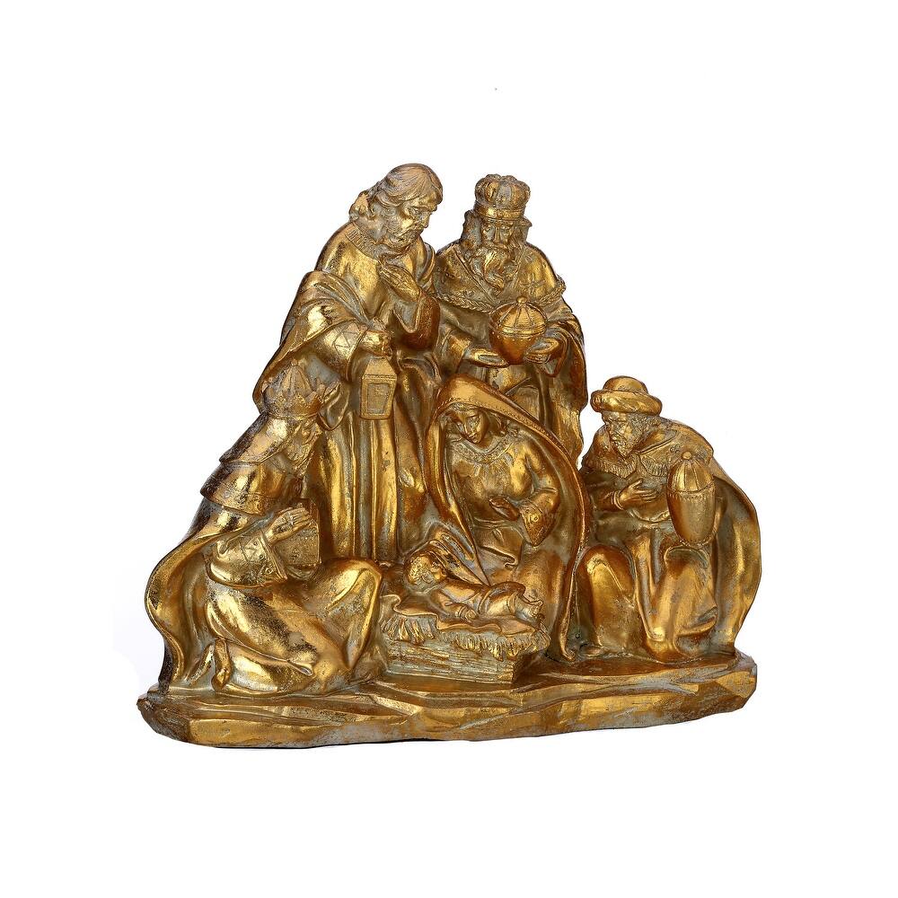 8.5-inch golden resin nativity scene figurine featuring Mary, Joseph, baby Jesus, and three kings.