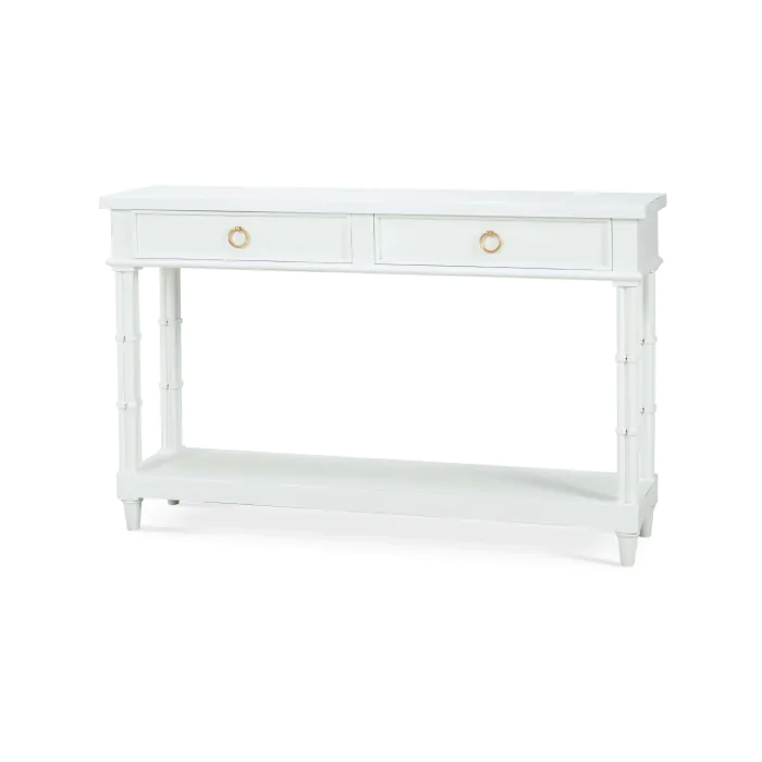 Small console table in architectural white with a rectangular top and tapered legs.