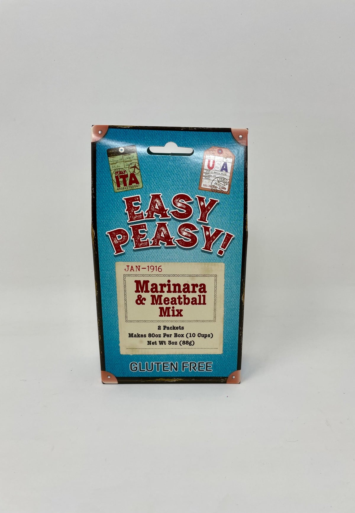Easy Peasy Marinara & Meatball Mix box, gluten free, containing 2 seasoning packets.