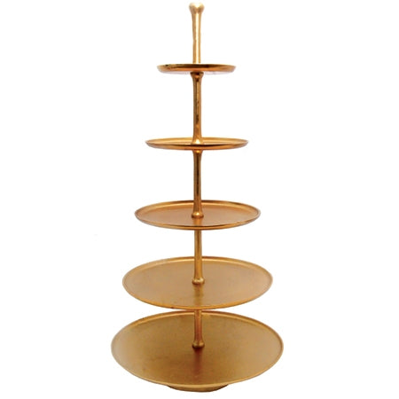Gold five-tier decorative stand with a modern open-frame silhouette