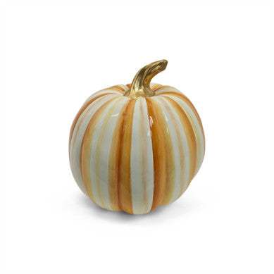 Amber resin medium pumpkin with vertical stripe pattern, standing 11 inches tall.