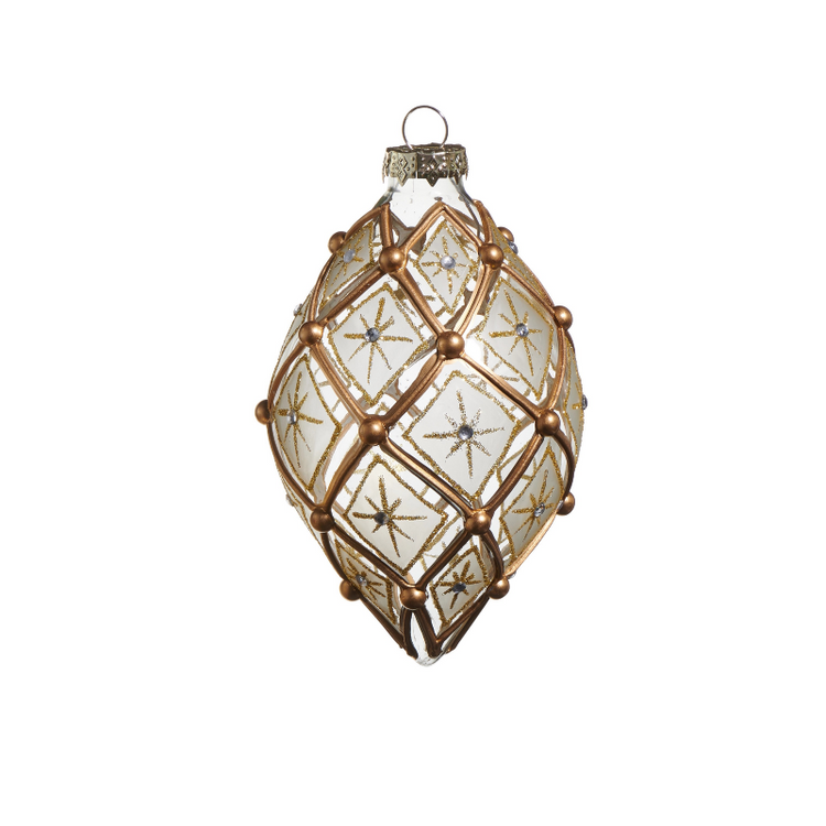 4-inch white and gold glass deco ornament with diamond pattern and glitter starburst details.