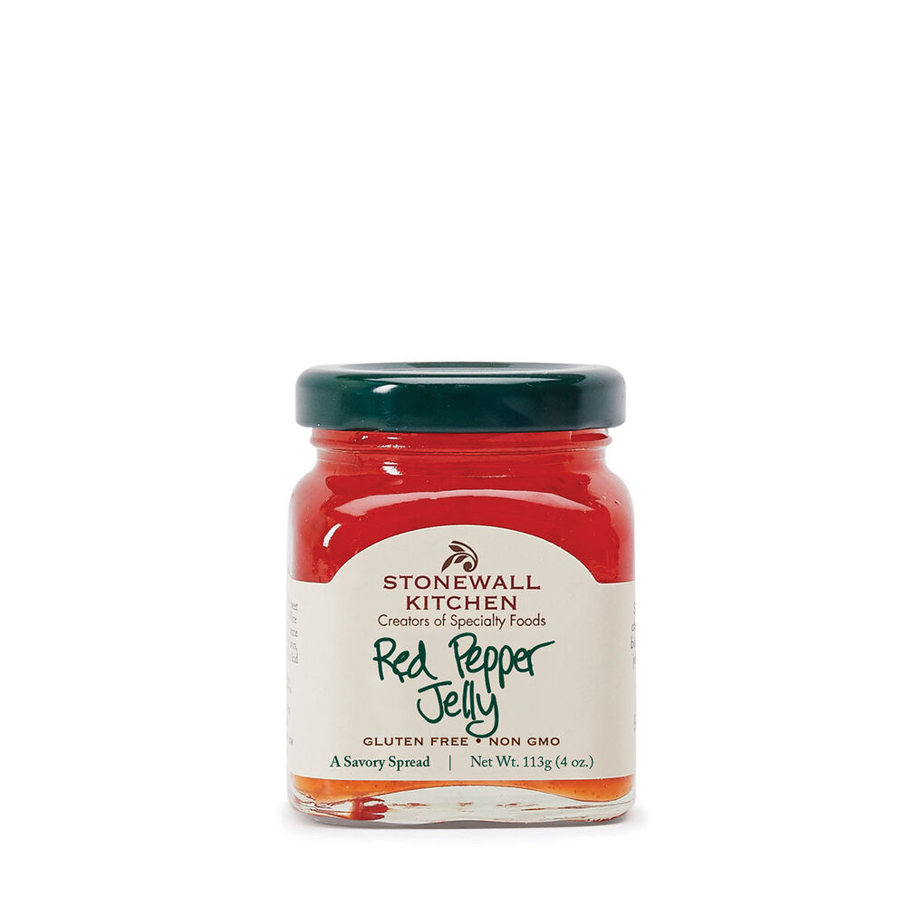 Stonewall Kitchen 4oz Mini Red Pepper Jelly jar with a green lid and white label.