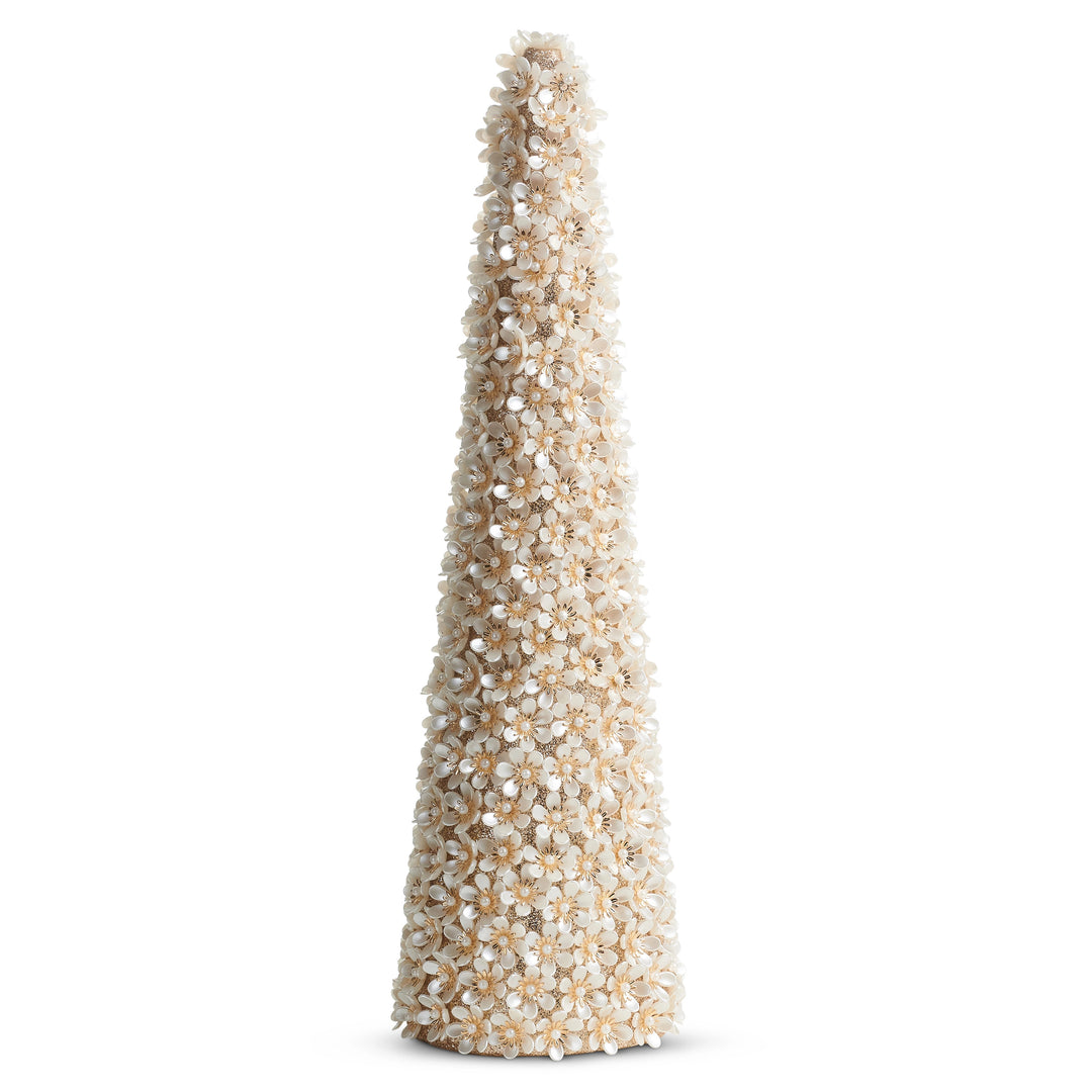 Elegant cone-shaped Pearl Floral Tree decorated with white pearl flowers on a gold glitter base.