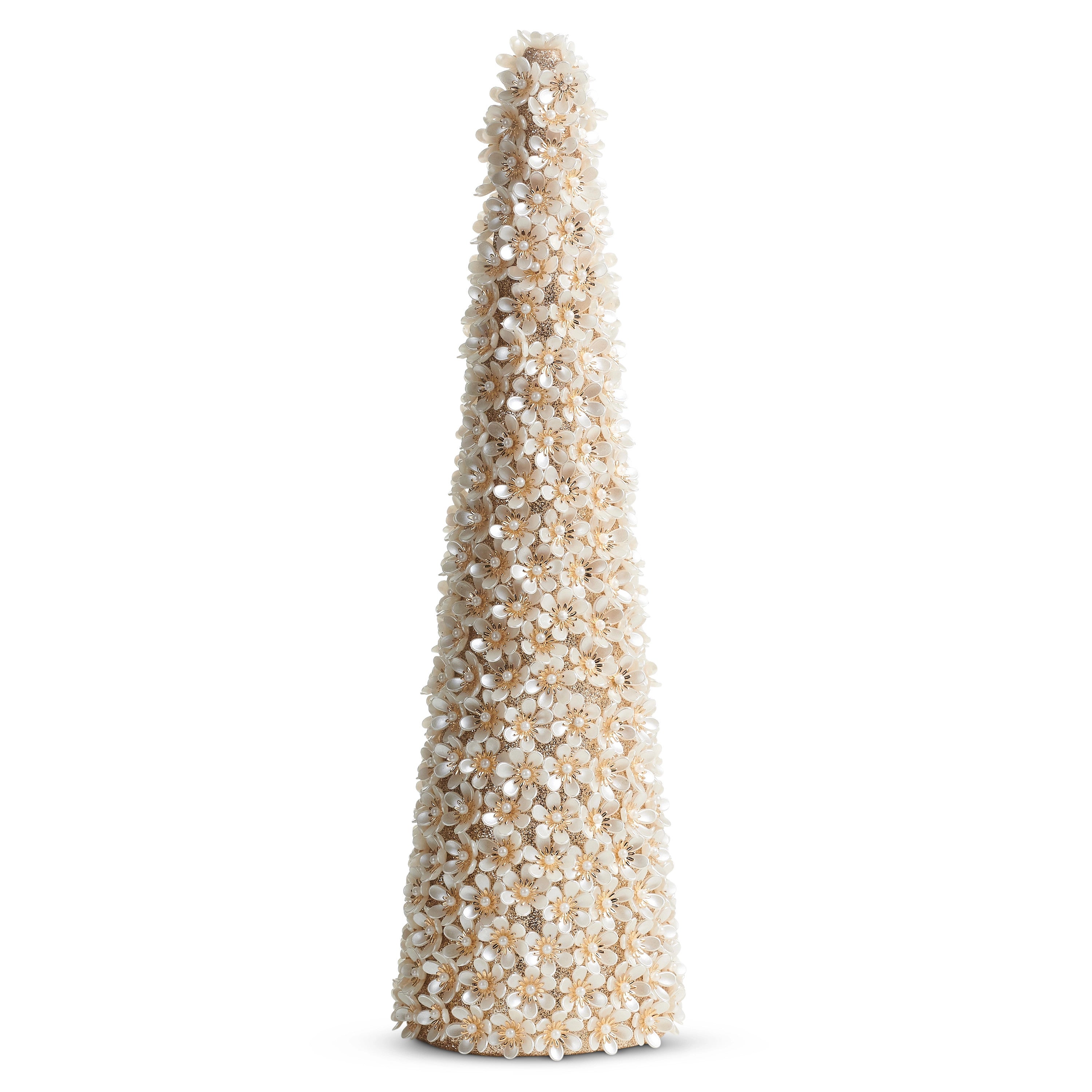 Elegant cone-shaped Pearl Floral Tree decorated with white pearl flowers on a gold glitter base.