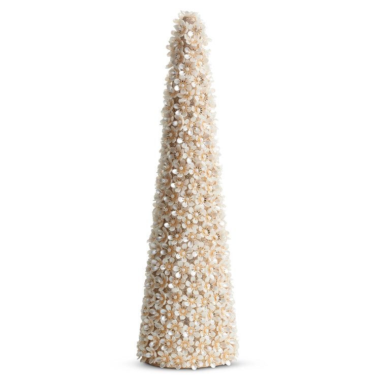 Elegant cone-shaped Pearl Floral Tree decorated with white pearl flowers on a gold glitter base.