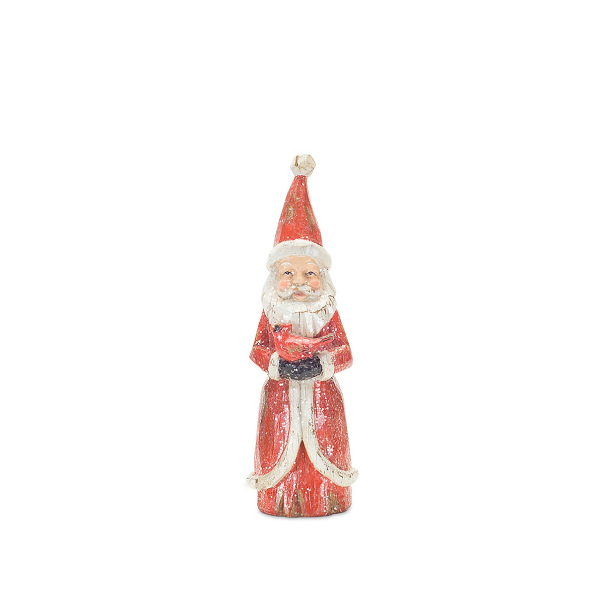 Vintage-style resin Santa figurine in a red coat holding a small red bird.