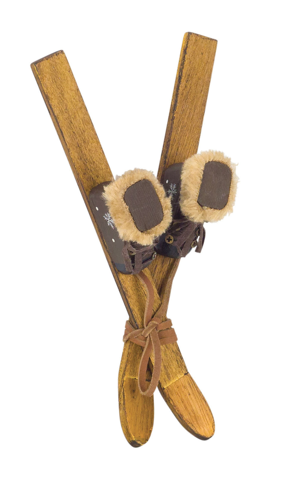 Wooden ski boot ornament with faux fur trim in natural finish