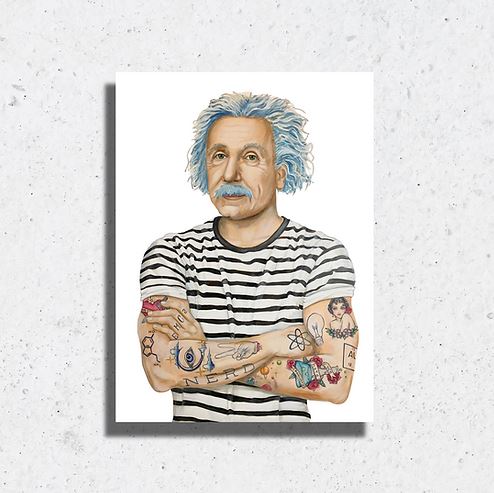 Watercolor portrait of Albert Einstein with blue hair, mustache, striped shirt, and tattoos on his arms.