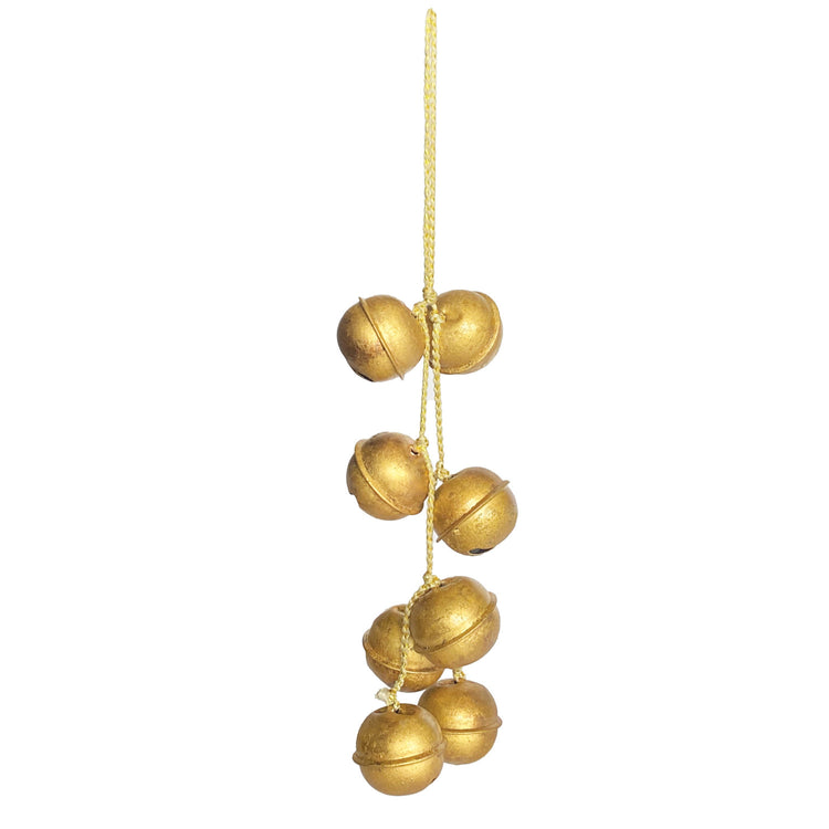 Hanging cluster of eight gold-finished metal jingle bells on a white and gold cord.