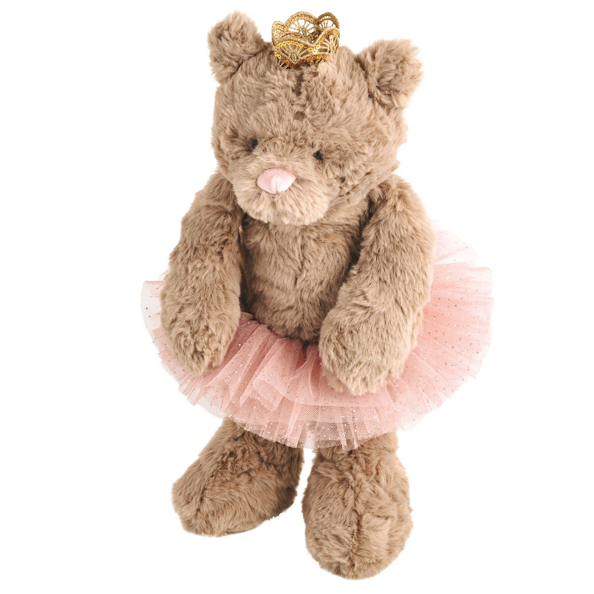 Whimsical ballerina plush toy with pastel pink fabric, soft round silhouette, and decorative bow details.