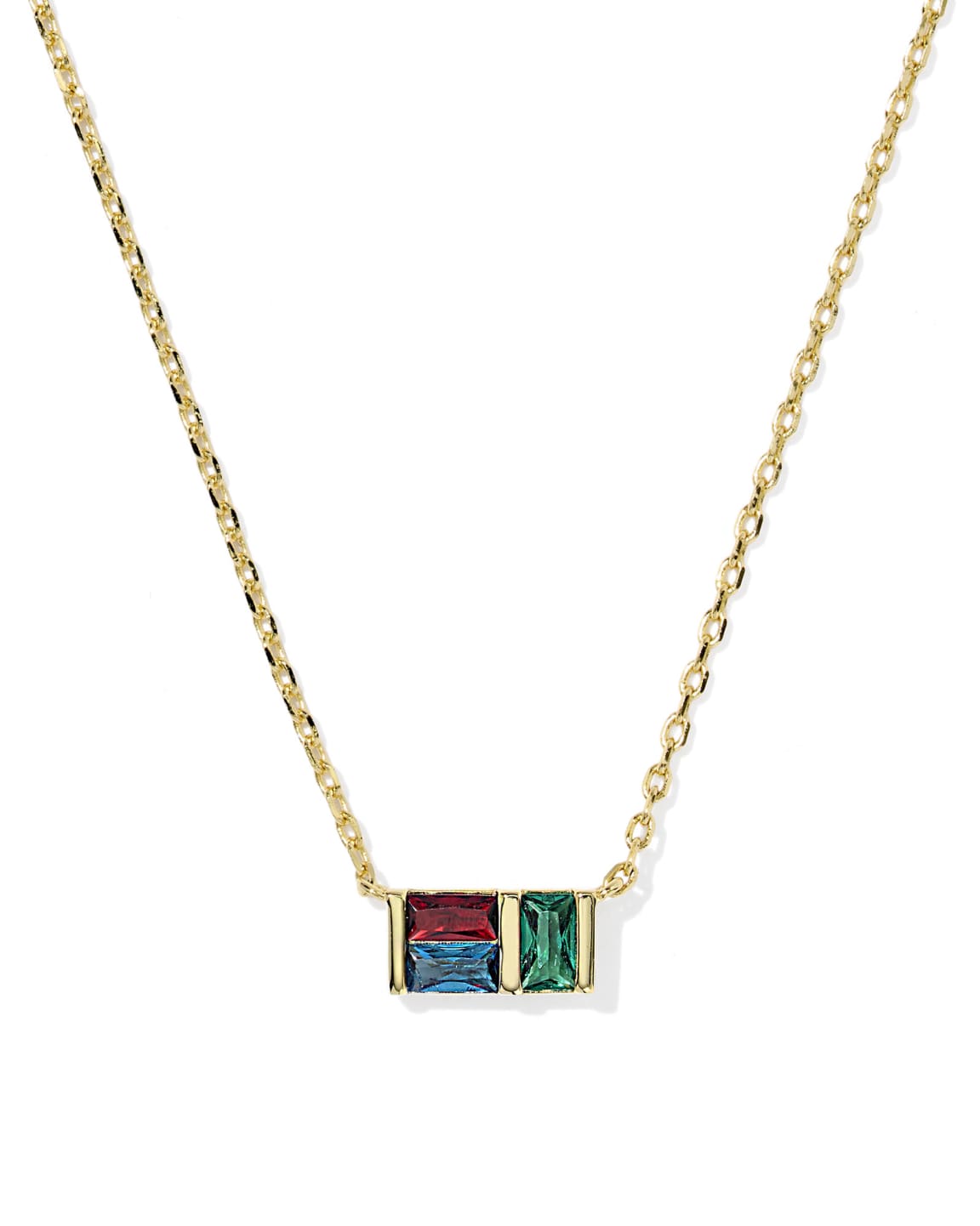 Jamie Short Pendant Necklace in gold with red, blue, and green baguette-cut stones.