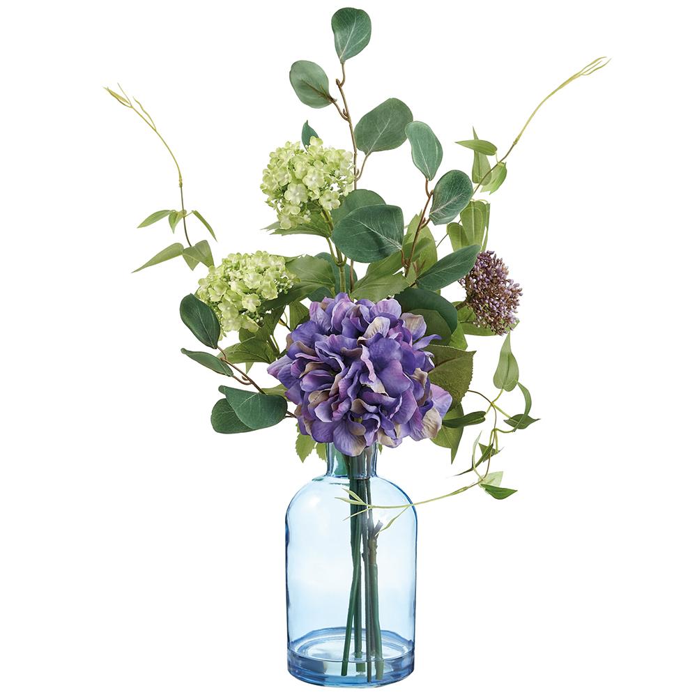20" Hydrangea/Snowball/Sedum in Glass Vase Purple Green