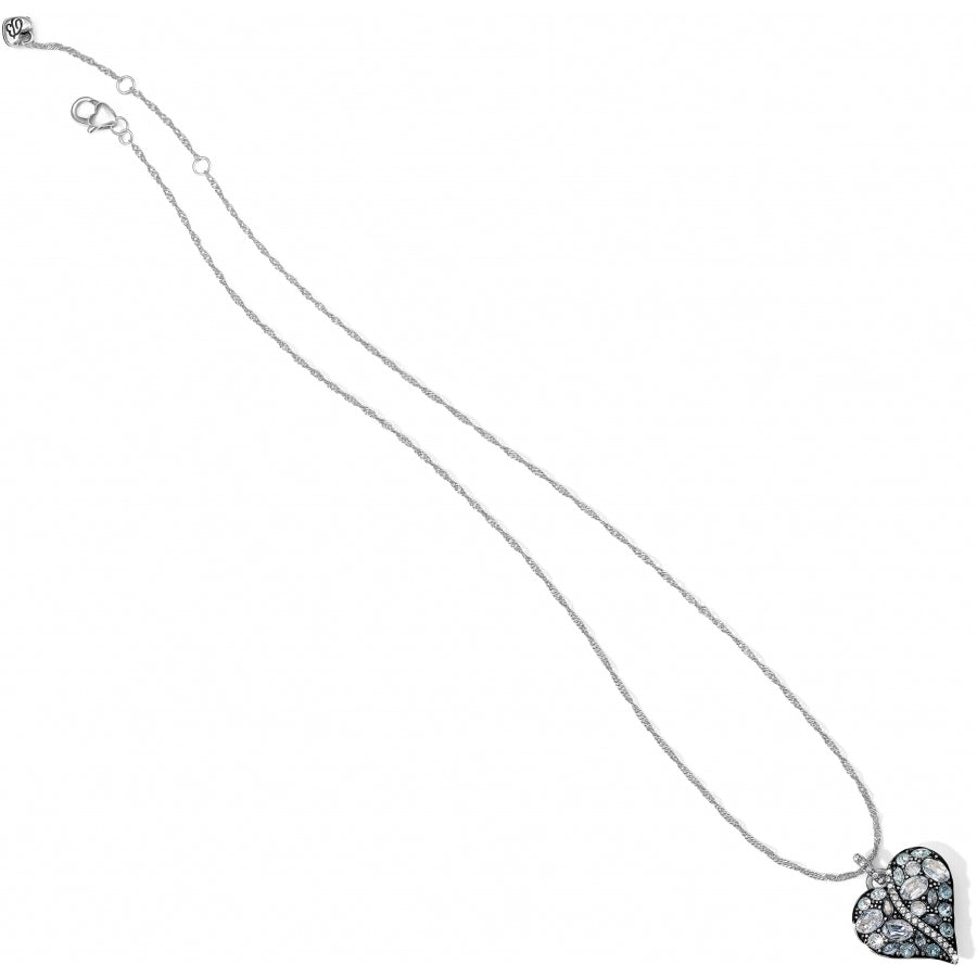 Silver-plated heart pendant necklace with aqua crystal message charm on an adjustable chain.